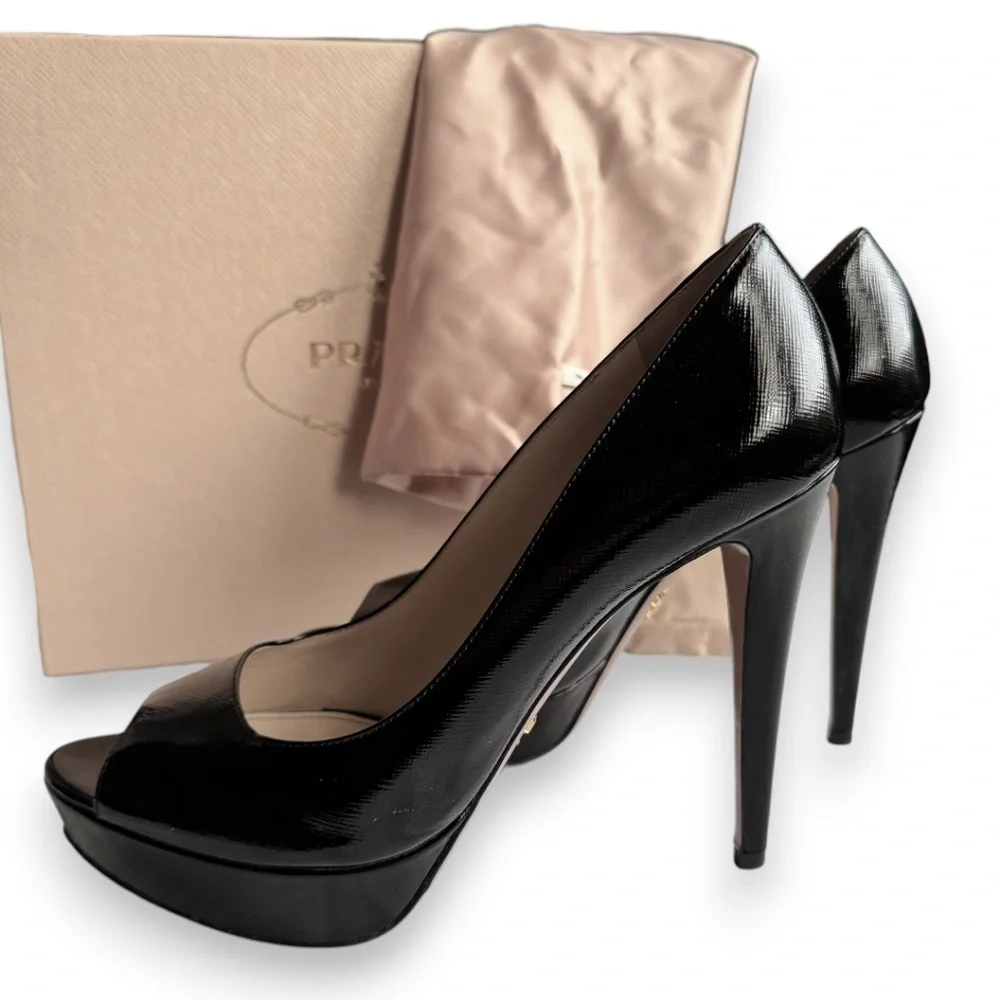 PRADA Vernice Saffiano leather peep toe platform pumps black size 39.5